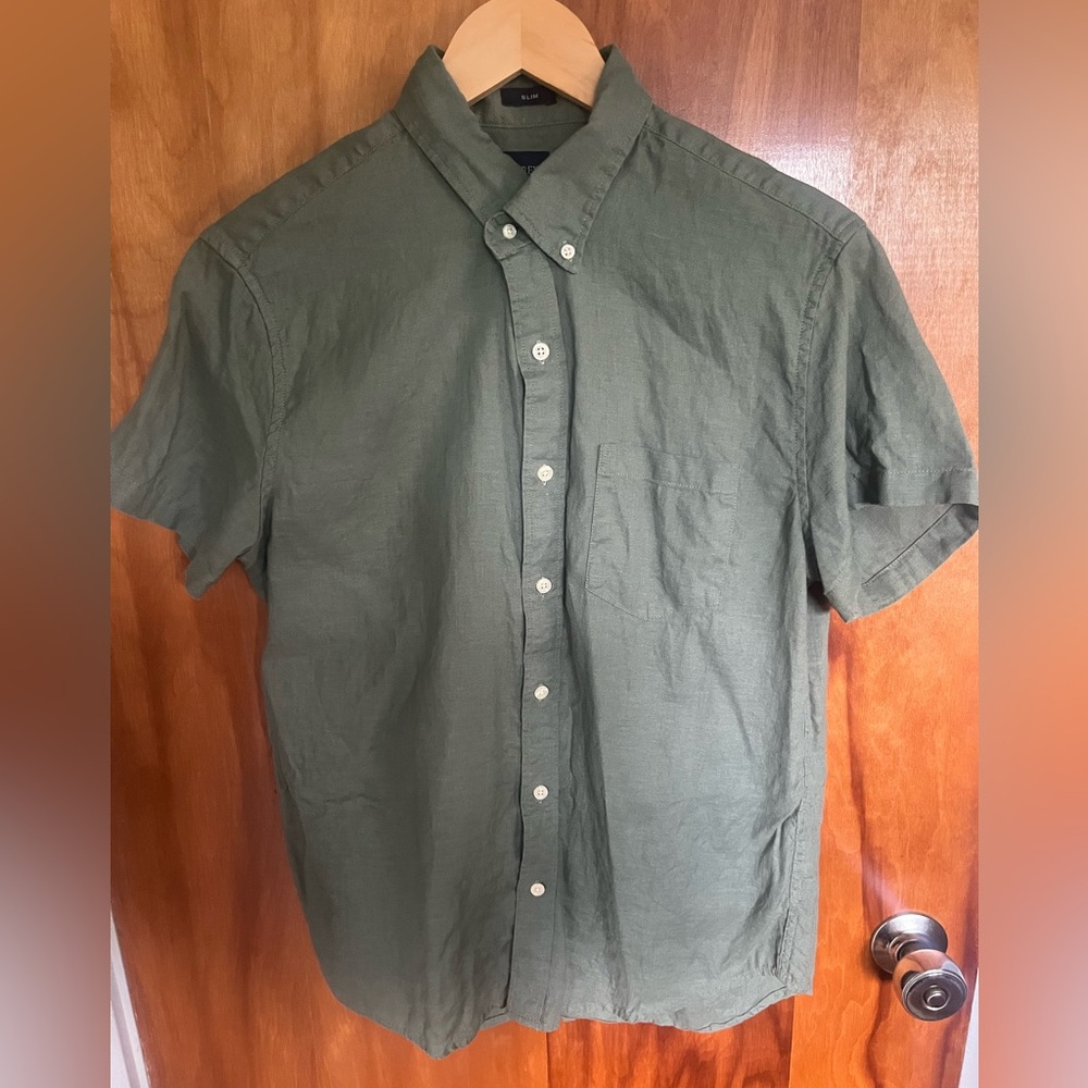 J Crew Short Sleeve Button Up, Linen, Slim Fit, green, medium